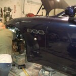 Before and after photographs of a damaged, blue, Maserati that was repaired by Elite Paint & Body Shop in West Palm Beach, FL.